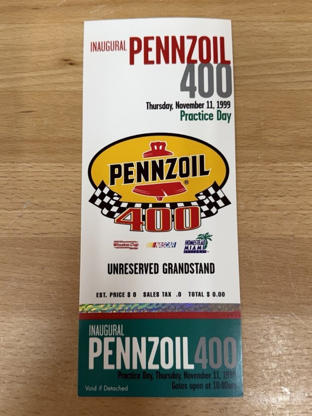 NASCAR 1999 Inaugural Race Pennzoil 400 Homestead Miami Speedway Ticket Practice